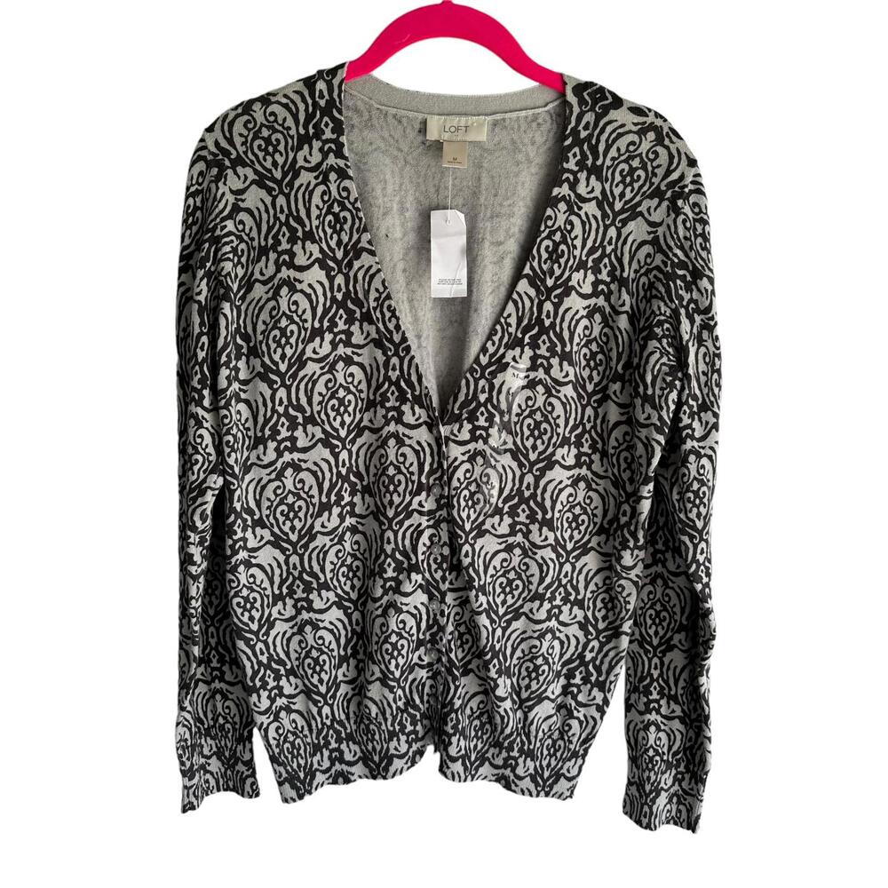 NWT LOFT Gray and Black Long Sleeve Ladies Career Cotton MInimalist Cardigan, M